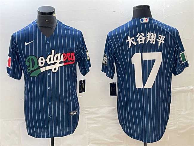 Men's Los Angeles Dodgers #17 Shohei Ohtani Navy Cool Base With Patch Stitched Baseball Jerseys